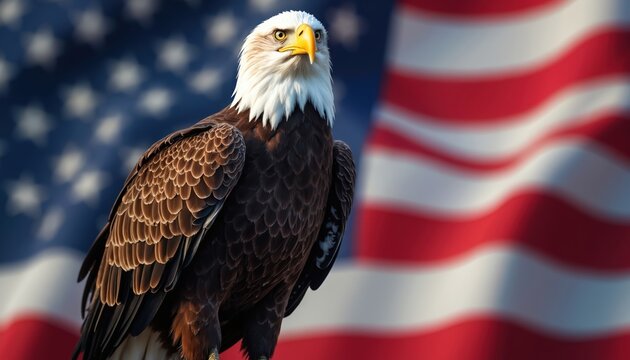 Majestic bald eagle against US flag backdrop. Symbol of American freedom independence. Patriotic picture perfect for Independence Day, 4th July celebration. Nation pride, strong bird of prey,