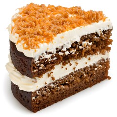 Slice of carrot cake with cream cheese frosting and grated carrot topping isolated on white background. Studio food photography. Dessert and bakery concept. Design for poster, banner, print