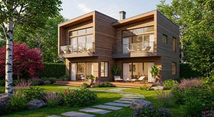 Fototapeta premium Modern wooden house with large glass windows, lush garden, and balconies, surrounded by greenery.