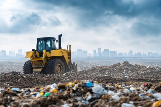 Bulldozer managing landfill waste against a cloudy city skyline  