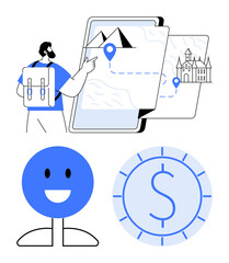 Person with backpack pointing at map on tablet with landmarks marked, smiling face for satisfaction, and dollar coin. Ideal for travel, tourism, planning, user experience, navigation, cost analysis
