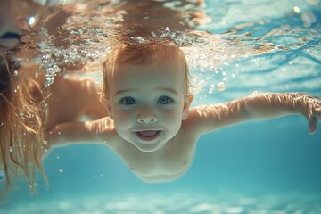 Mom teaches the baby to swim underwater in the pool and holds his hands. The child looks at the camera. Portrait. Underwater photography. Bottom view