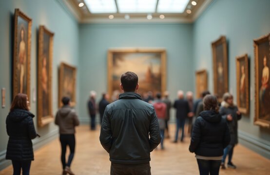 People visit art museum gallery admire classical paintings. Visitors view fine art collection. Art lovers spend day studying artwork masterpieces. Art education. Culture and history.