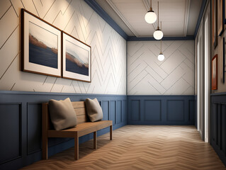 Fototapeta premium Modern hallway with wainscotting wall panelling in navy blue colors, simple minimalist furniture and artwork on the wall