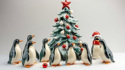 Obraz premium Ceramic statuettes of penguins and Christmas tree
