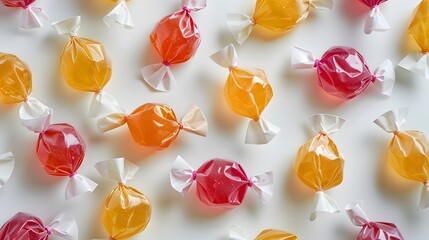 Assorted wrapped hard candies in red and orange colors arranged on white background. Flat lay composition. Sweet food and confectionery concept. Design for banner, poster, print, greeting card