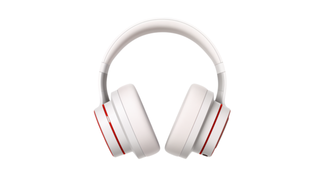 White over ear headphones with red accents for music listening and audio enjoyment online now transparent backgroundisolated on transparent background	