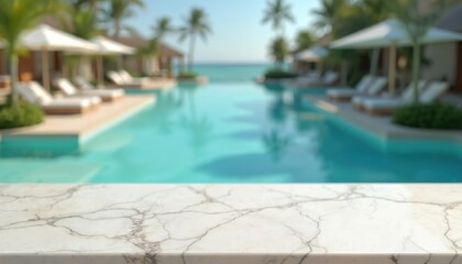 Fototapeta premium White marble countertop for product placement. Luxury resort pool with turquoise water background. Summer vacation, tropical destination, empty space, product display, relax, nobody around.