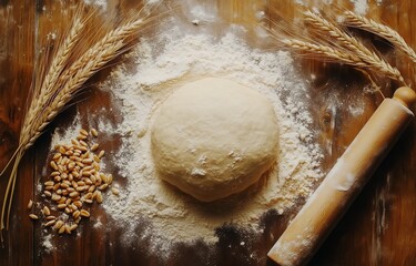 Hands Kneading Dough on a Wooden Surface With Wheat Stalks Nearby in a Domestic Kitchen Setting