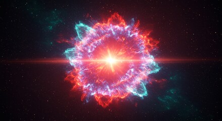 Fototapeta premium Cosmic Energy Burst - A vibrant explosion of cosmic energy, swirling with red and blue hues against a dark space backdrop