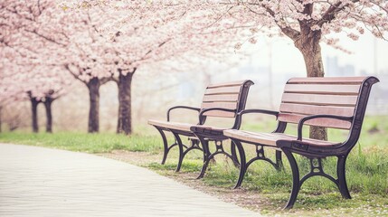 Tranquil Springtime: Benches Under Cherry Blossoms