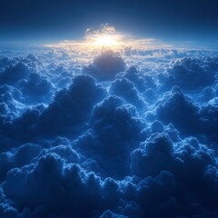 Sunlit cloudscape, ethereal blue hues, serene atmosphere.