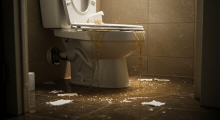 Toilet Overflow Emergency - A toilet overflowing with water onto the bathroom floor, creating a mess. Needs urgent plumbing repair