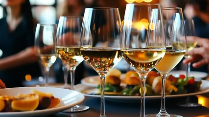 Elegant dining scene featuring wine glasses and gourmet dishes with blurred background activity