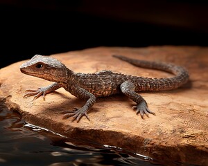 Fototapeta premium Young lizard on rock with dark background.