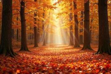Golden autumn forest with sun rays shining through trees and fallen leaves
