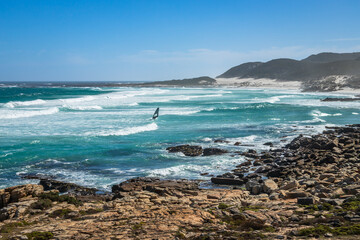 Exposure of a windsurfer enjoying the wind and waves in the Cape of Good Hope, the most South-Western point of the African Continent, South Africa.
