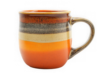 Handcrafted Ceramic Mug with Orange Brown and Beige Stripes on Transparent Background