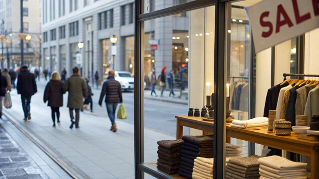 People shopping in a bustling city street with a sale display in the foreground.