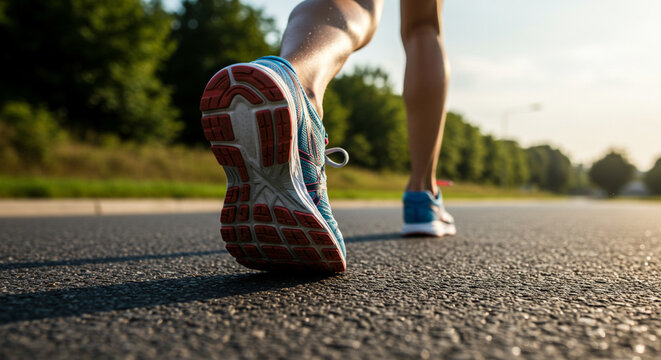 p&eacute;s no asfalto com t&ecirc;nis praticando corrida, caminhada durante o dia