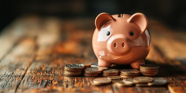 Piggy bank surrounded by coins on a rustic wooden table showcasing saving habits and financial management