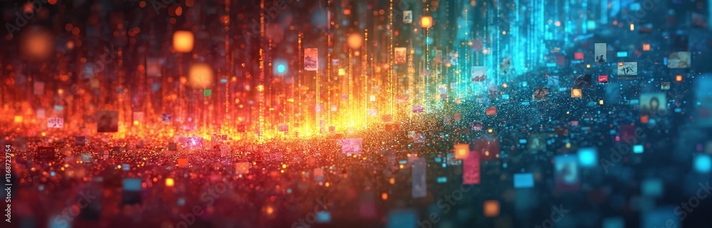 Poster Dynamic digital mosaic with colorful spectrum from red to blue. Floating squares rectangles create futuristic landscape of data visualisation. Technology, data, information, cyberspace concepts.