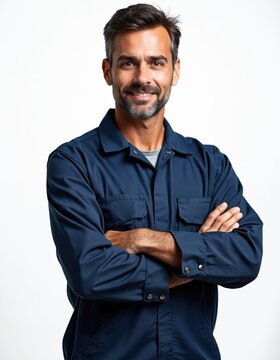 Technical man with folded arms smiles. Mechanic wear blue uniform on white background. Cheerful expert, engineer in workwear in studio. Professional, job occupation, repair service.