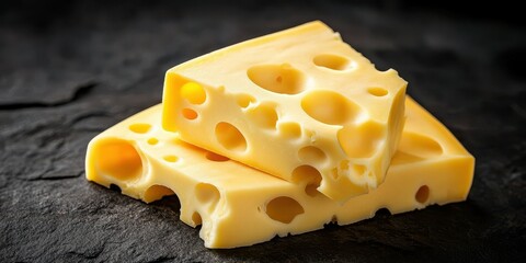 Delicious yellow cheese stacked on a dark slate surface with visible holes showcasing its texture and color