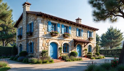 Illustration of a brick house with blue shutters in Italian or Spanish style, surrounded by green bushes and trees