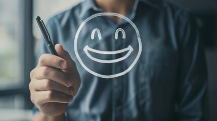 Customer Satisfaction Survey Concept – Man Drawing Happy Smiley Face on Digital Screen for Service Feedback & Mental Well-Being Evaluation