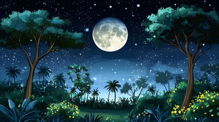 Lush Tropical Rainforest Night Scene with Moonlight Illumination