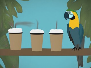 Blue Gold Macaw Guards Three Coffee Cups
