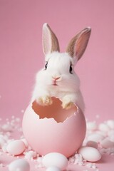 Obraz premium Cute happy flaffy white easter bunny peeking out