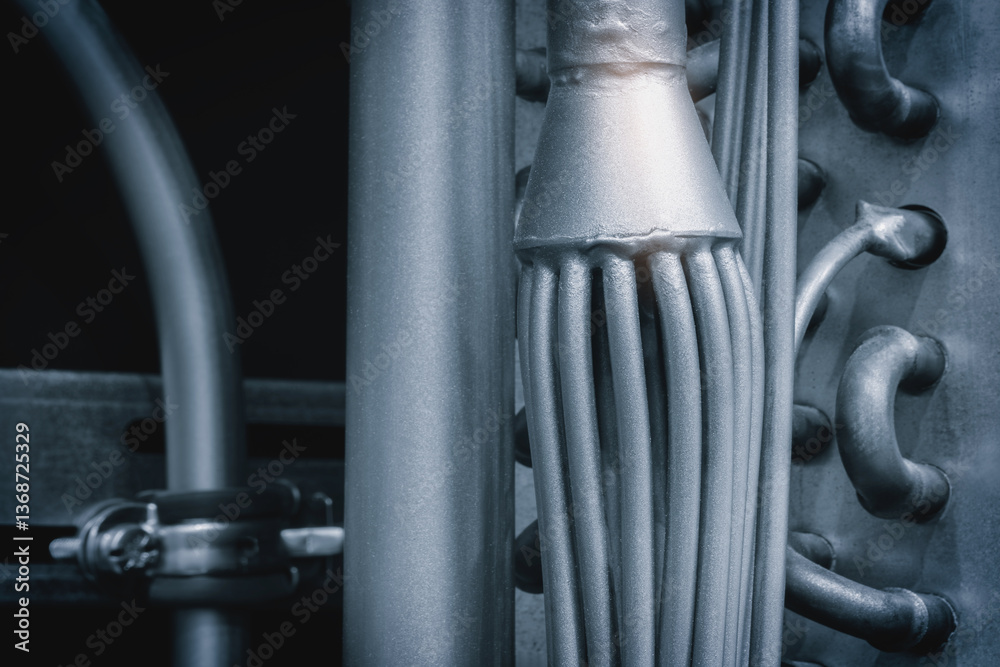 Poster A metal pipe with a bunch of wires coming out of it. The wires are twisted and bent in a way that makes it look like a hand