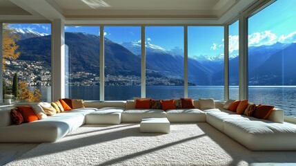Fototapeta premium Cozy Modern Living Room With Lake View and Snowy Mountains in Winter