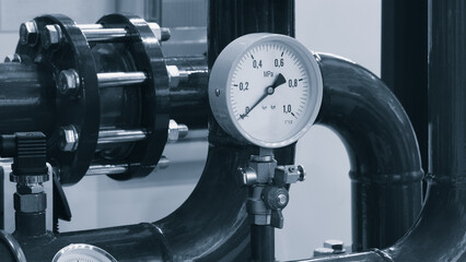 Water supply wiring in the boiler room, metal and plastic pipes, filters, taps and shut-off valves, fittings, valves and pressure gauges and thermometers, heating boilers and tanks