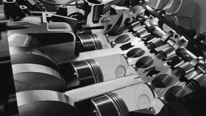 A close up of a baot engine with the pistons and cylinders visible. Concept of complexity and...