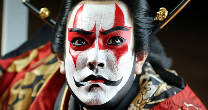 Kabuki Actor's Intense Gaze: A close-up shot of a Kabuki actor, adorned with striking makeup and traditional attire, displaying an intense, focused expression.