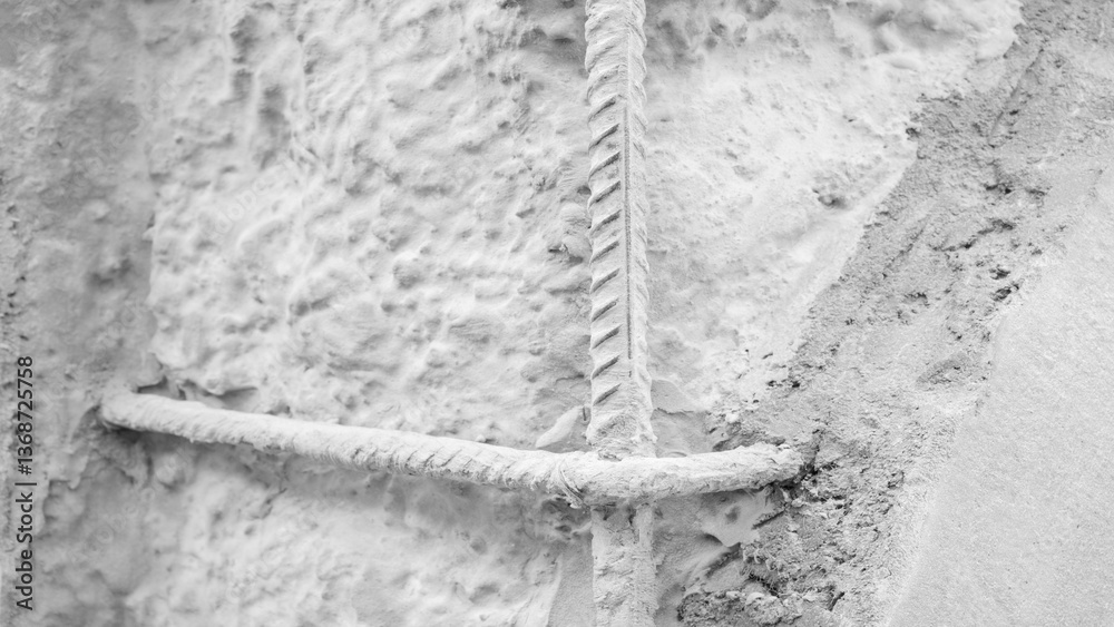 Leinwandbilder a wall of a house with a metal reinforcement rod sticking out of it. rod is bent and twisted. wall i