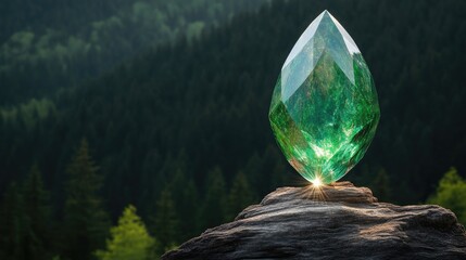 Obraz premium Emerald gem resting on a rocky outcrop amidst a lush forest