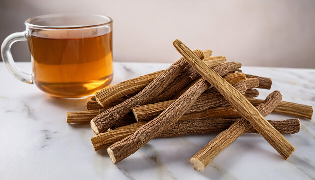 Mulethi (Licorice) sticks with light brown bark and a fibrous texture, placed on a white marble surface with a cup of herbal tea, Indian Ayurvedic herbs 