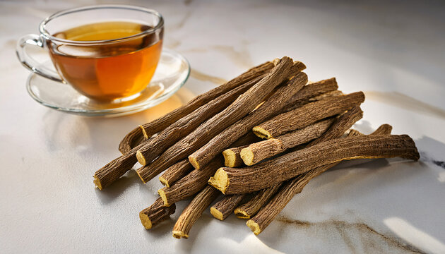 Mulethi (Licorice) sticks with light brown bark and a fibrous texture, placed on a white marble surface with a cup of herbal tea, Indian Ayurvedic herbs 