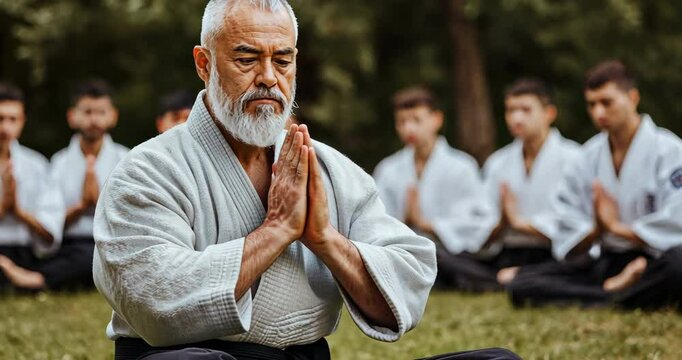 Harmony in Practice: Capturing a moment of serene focus and spiritual reflection as a master of martial arts leads a group in a moment of meditation.