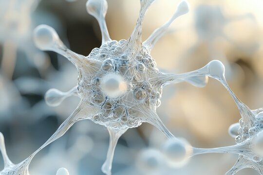 Detailed 3D rendering of a neuron cell or virus particle with intricate details and textured surface in a close-up view.