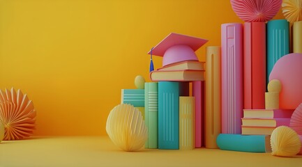 Fototapeta premium Colorful Stack of Books With Graduation Cap and Decorative Paper Elements on Bright Yellow Background