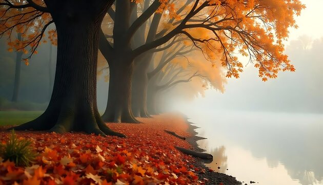 The autumn season shows trees along a foggy water edge