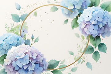 Serene blue hydrangeas bloom in a delicate watercolor painting, encircled by a gold frame and soft green leaves, creating a tranquil and elegant scene.