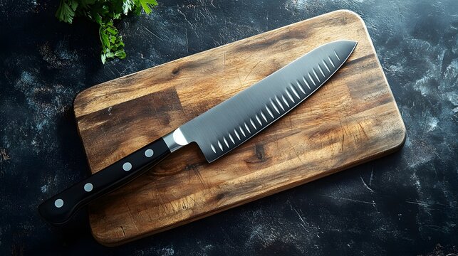 Vintage Butcher Knife & Cutting Board on Stainless Steel Background