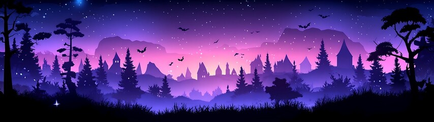 Fototapeta premium Purple twilight forest landscape with bats.