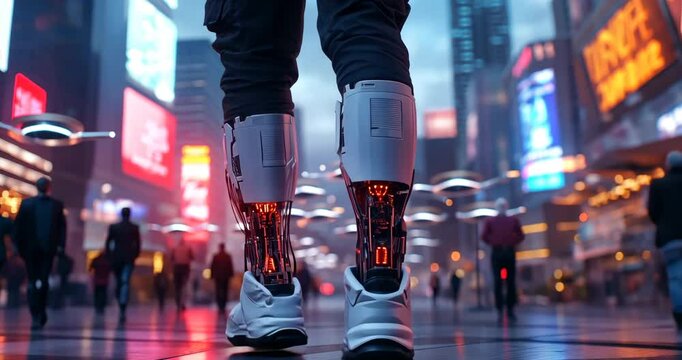 Cybernetic Strides: A futuristic image showcases a person's legs clad in advanced cybernetic enhancements as they walk through a bustling cityscape, a fusion of technology and humanity in motion.
